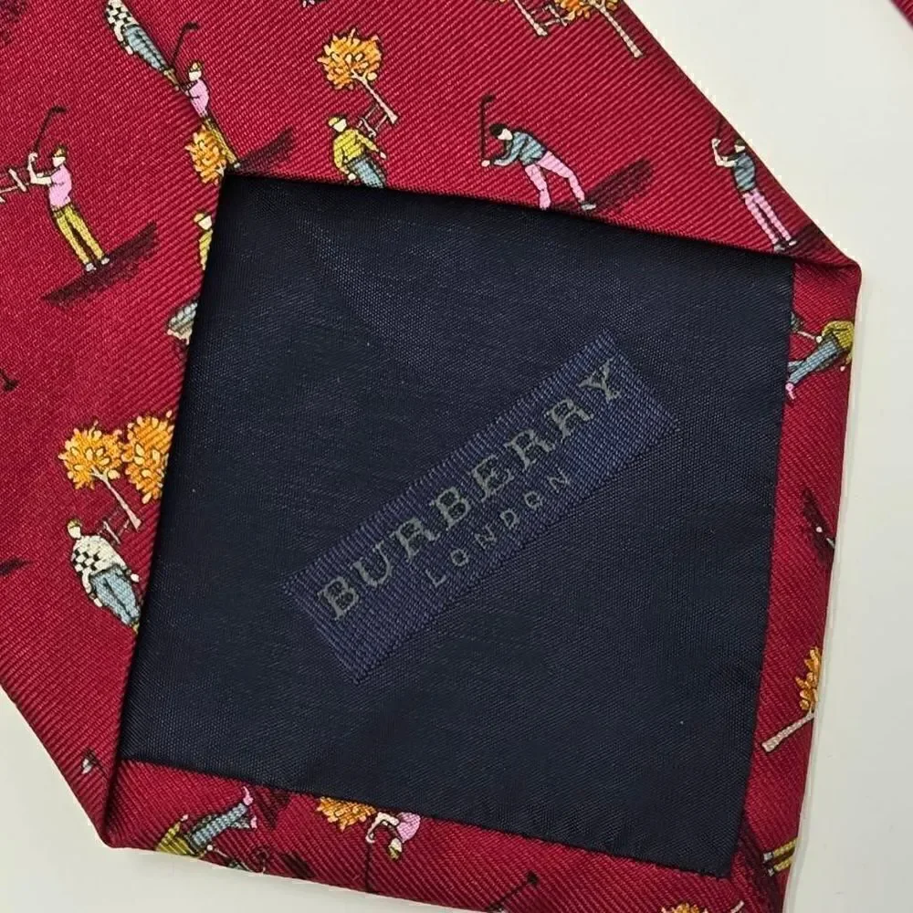 BURBERRY LONDON SILK TIE RED BURGUNDY AUTUMN FALL GOLF PATTERN 3.75